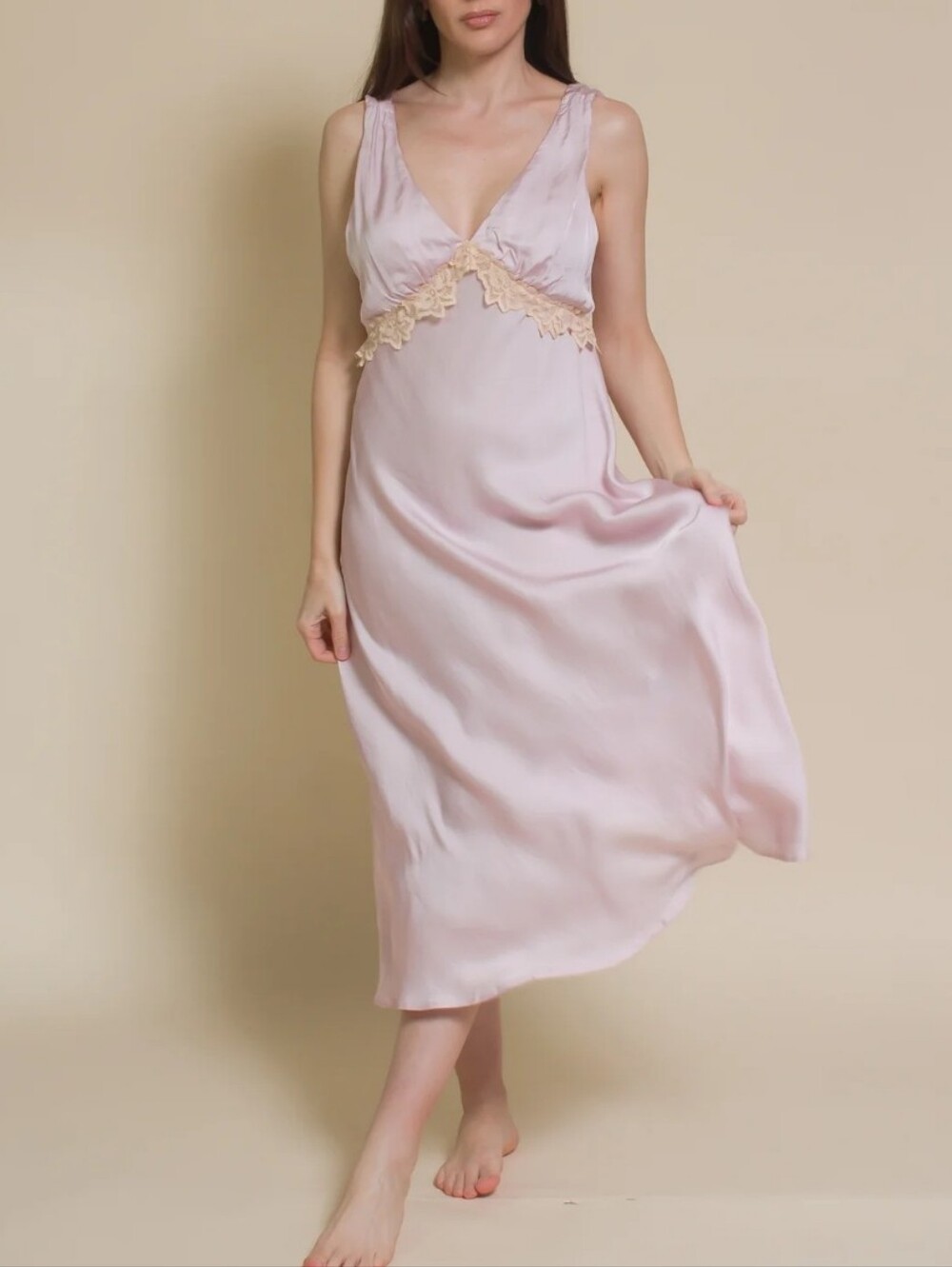 Olivaceous Blush Pink Satin Maxi Slip Dress with Cream Lace